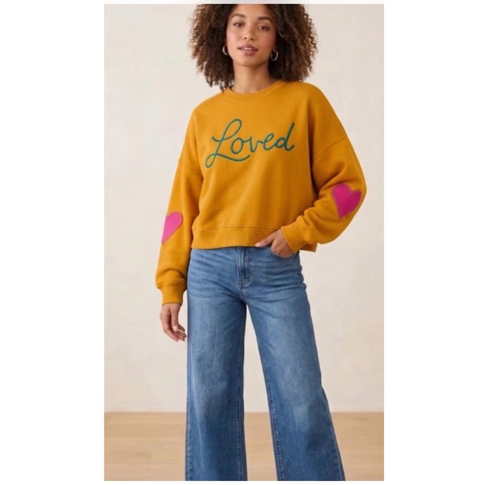 Natural Life Heart On Your Sleeve Embroidered Sweatshirt Oversized M Yellow Boho